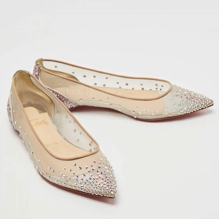 Pre Owned Christian Louboutin Metallic Glitter and Leather Follies Strass Ballet Flats Size 36.5
