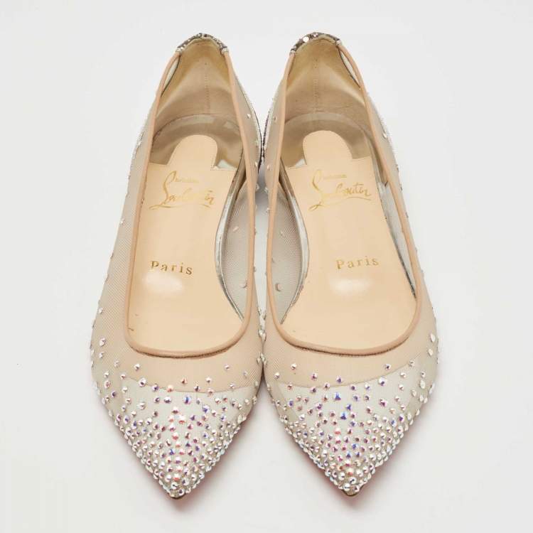 Pre Owned Christian Louboutin Metallic Glitter and Leather Follies Strass Ballet Flats Size 36.5