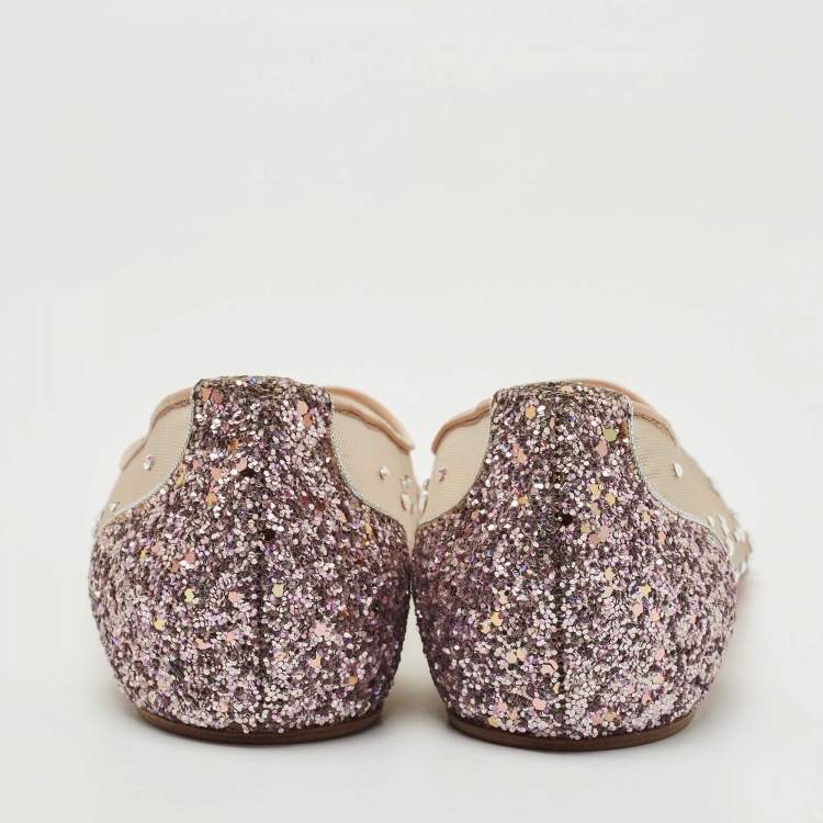 Pre Owned Christian Louboutin Metallic Glitter and Leather Follies Strass Ballet Flats Size 36.5