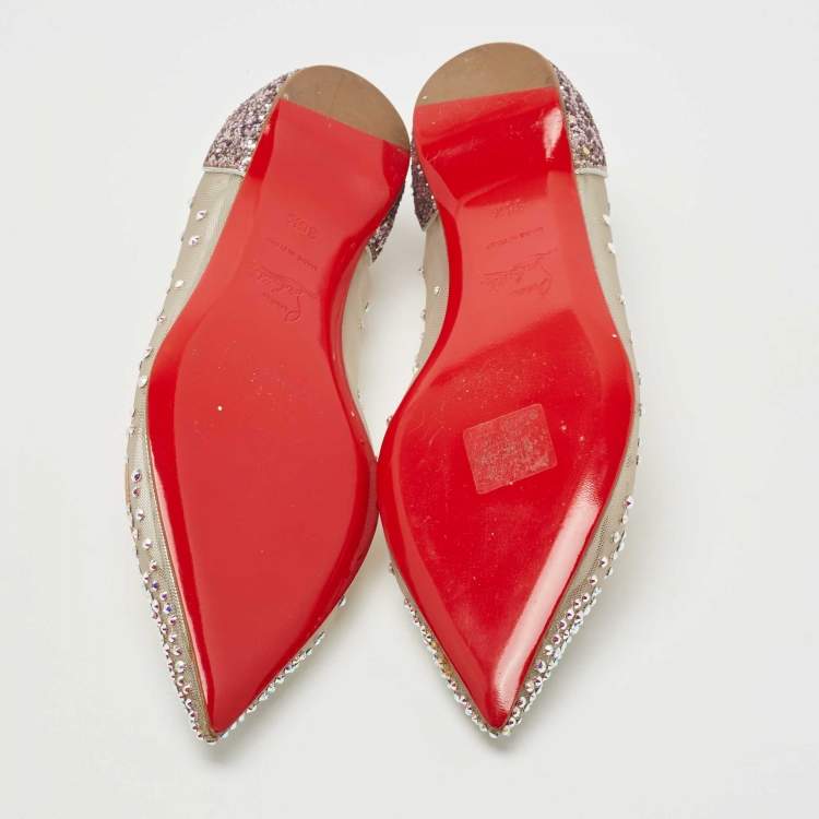 Pre Owned Christian Louboutin Metallic Glitter and Leather Follies Strass Ballet Flats Size 36.5