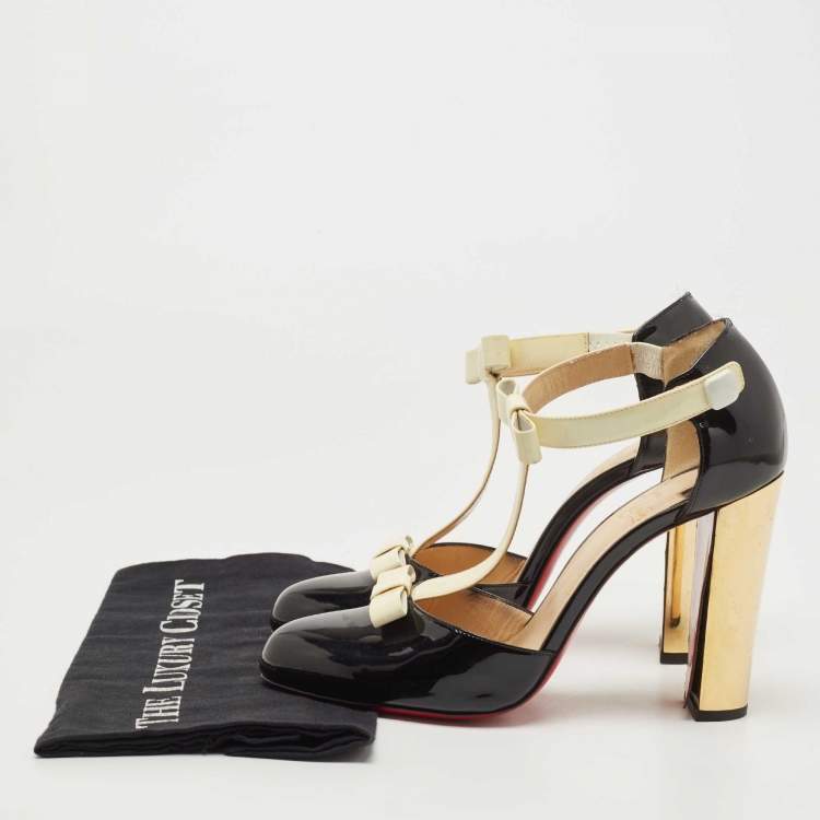 Pre Owned Christian Louboutin Black/Off White Patent Leather T Strap Pumps Size 40.5