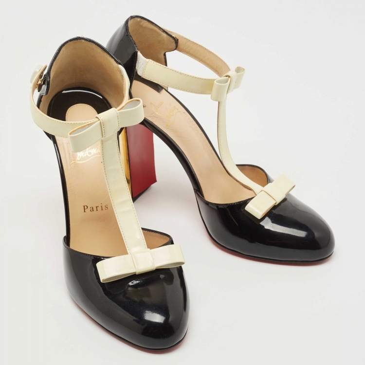 Pre Owned Christian Louboutin Black/Off White Patent Leather T Strap Pumps Size 40.5