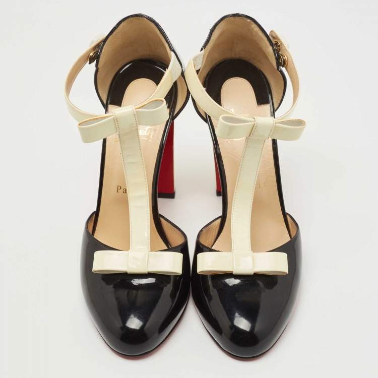 Pre Owned Christian Louboutin Black/Off White Patent Leather T Strap Pumps Size 40.5