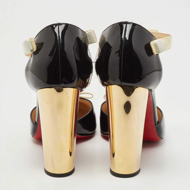 Pre Owned Christian Louboutin Black/Off White Patent Leather T Strap Pumps Size 40.5
