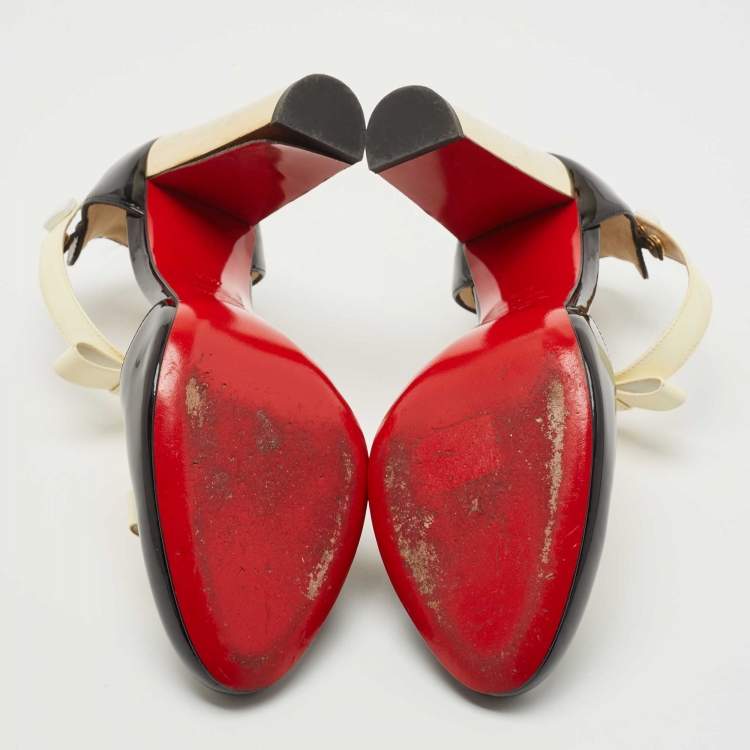 Pre Owned Christian Louboutin Black/Off White Patent Leather T Strap Pumps Size 40.5