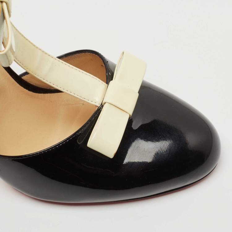 Pre Owned Christian Louboutin Black/Off White Patent Leather T Strap Pumps Size 40.5