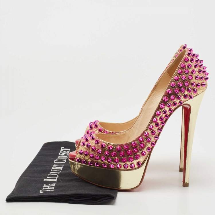 مملوكة مسبقًا Christian Louboutin Metallic Gold/Pink Leather Lady Peep Toe Spike Platform Pumps Size 36