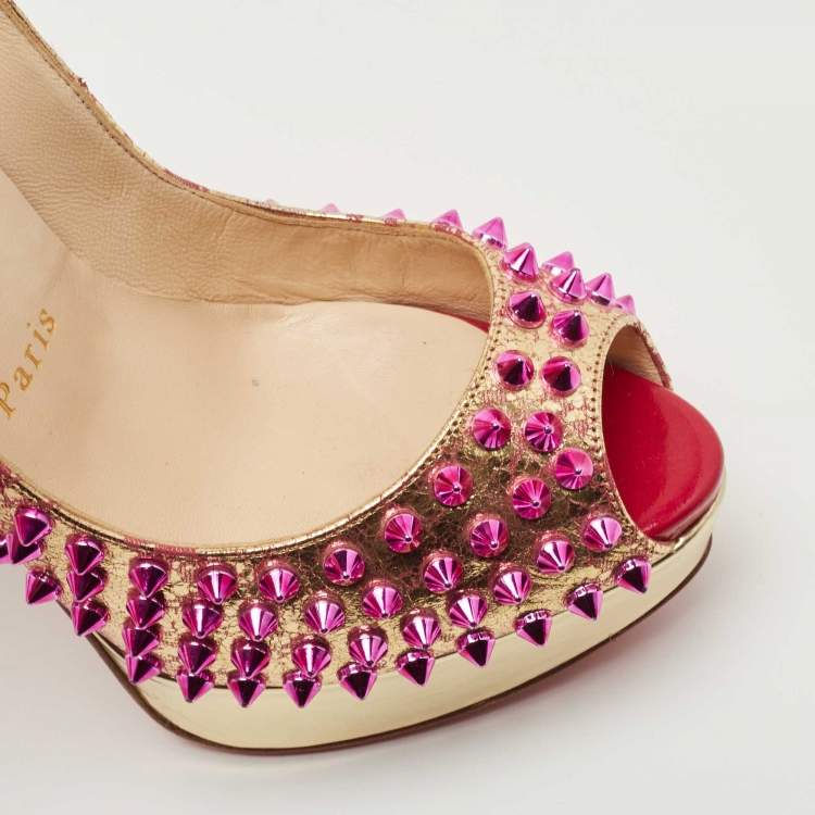 مملوكة مسبقًا Christian Louboutin Metallic Gold/Pink Leather Lady Peep Toe Spike Platform Pumps Size 36