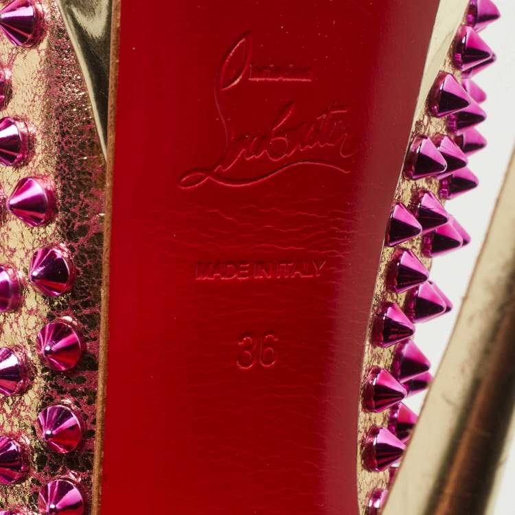 مملوكة مسبقًا Christian Louboutin Metallic Gold/Pink Leather Lady Peep Toe Spike Platform Pumps Size 36