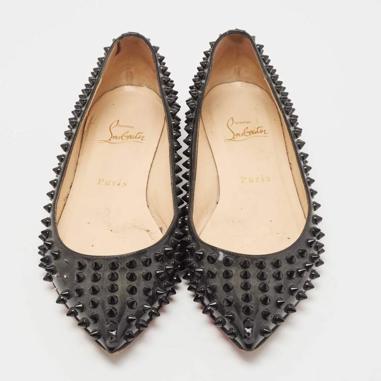 Pre Owned Christian Louboutin Black Patent Leather Pigalle Spikes Ballet Flats Size 37