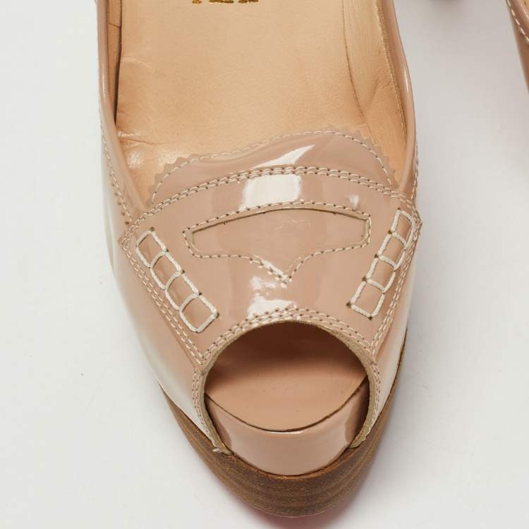 Pre Owned Christian Louboutin Beige Patent Peniche Peep Top Pumps Size 39