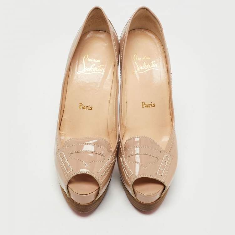 Pre Owned Christian Louboutin Beige Patent Peniche Peep Top Pumps Size 39