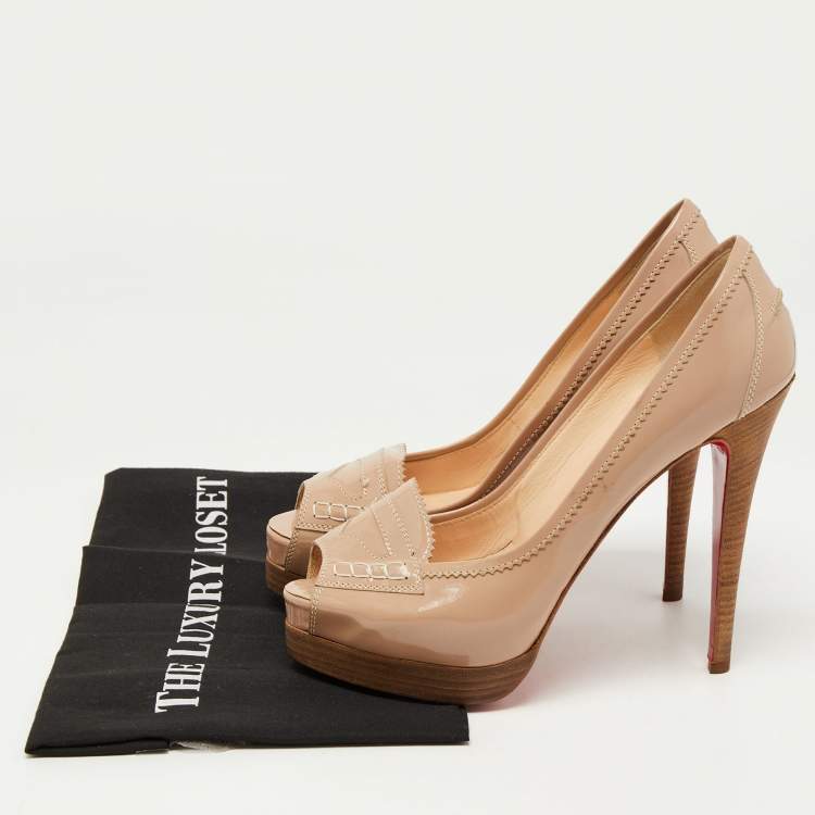 Pre Owned Christian Louboutin Beige Patent Peniche Peep Top Pumps Size 39