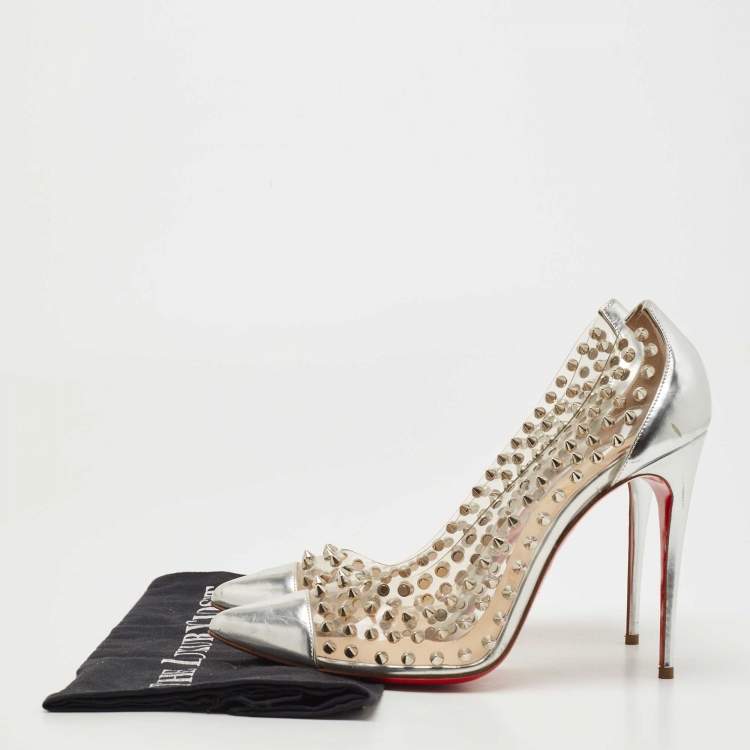 Pre Owned Christian Louboutin Silver Leather and PVC Spike Me Pumps Size 41