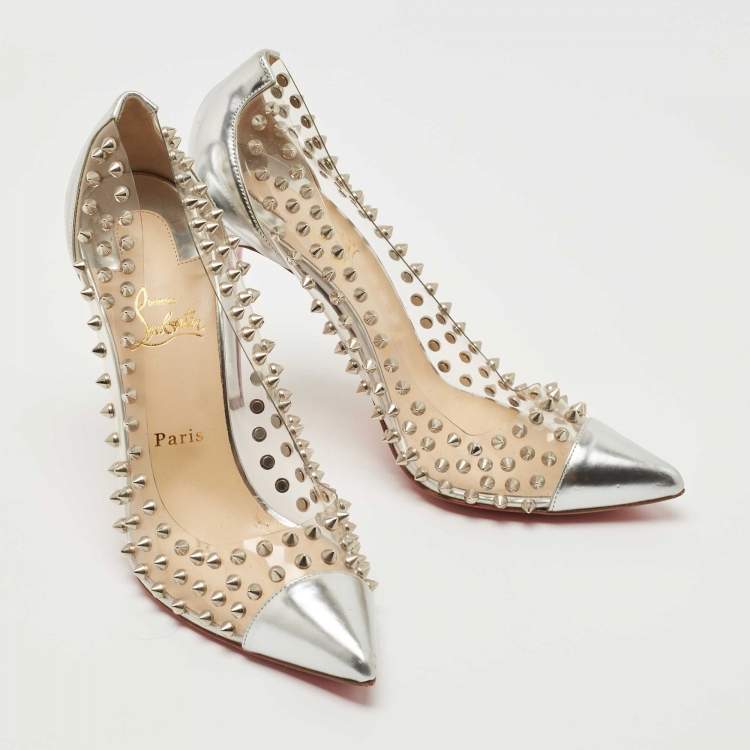 Pre Owned Christian Louboutin Silver Leather and PVC Spike Me Pumps Size 41