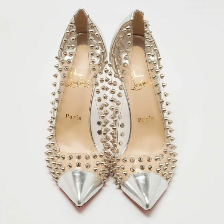 Pre Owned Christian Louboutin Silver Leather and PVC Spike Me Pumps Size 41