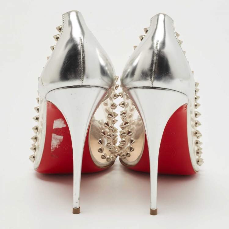 Pre Owned Christian Louboutin Silver Leather and PVC Spike Me Pumps Size 41