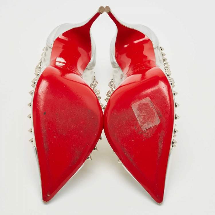 Pre Owned Christian Louboutin Silver Leather and PVC Spike Me Pumps Size 41