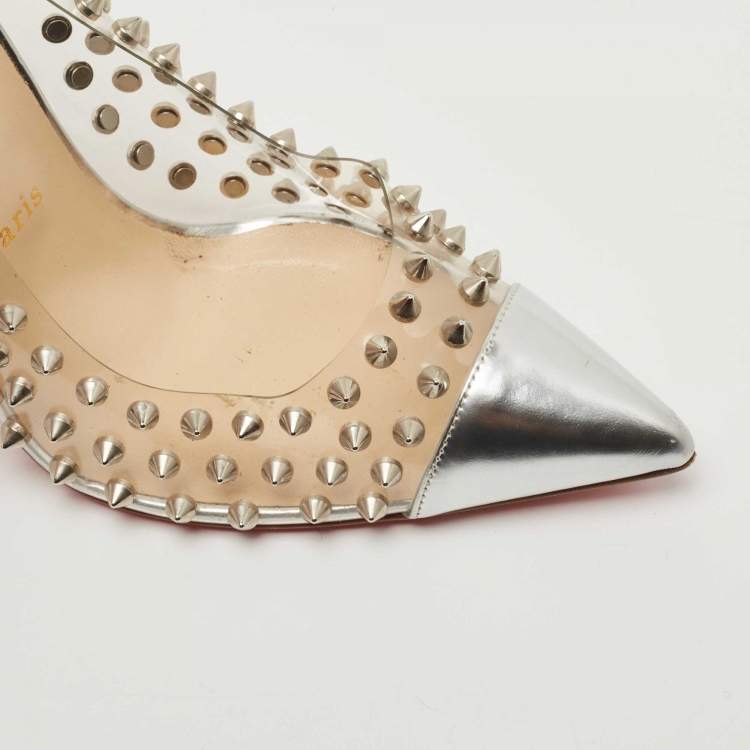 Pre Owned Christian Louboutin Silver Leather and PVC Spike Me Pumps Size 41