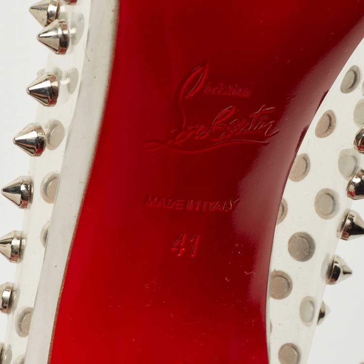 Pre Owned Christian Louboutin Silver Leather and PVC Spike Me Pumps Size 41
