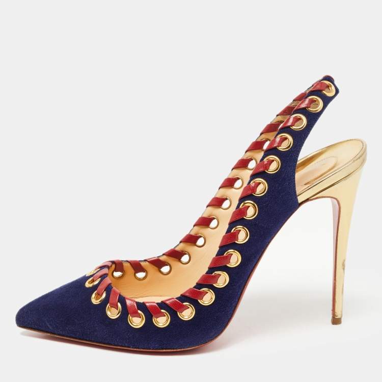 Pre Owned Christian Louboutin Navy Blue Suede Ostri Slingback Pumps Size 41