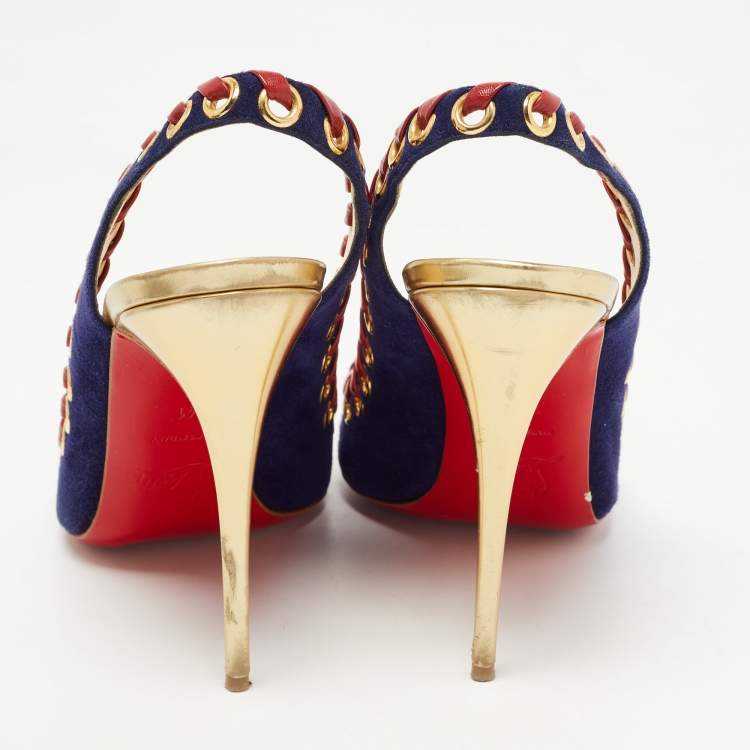 Pre Owned Christian Louboutin Navy Blue Suede Ostri Slingback Pumps Size 41