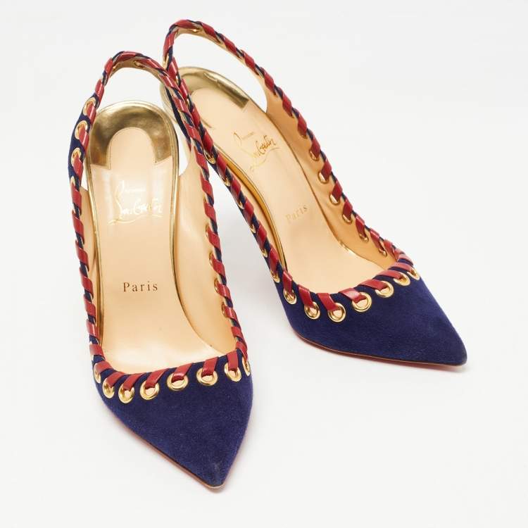 Pre Owned Christian Louboutin Navy Blue Suede Ostri Slingback Pumps Size 41