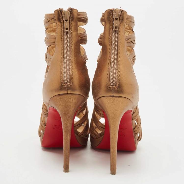 Pre Owned Christian Louboutin Gold Leather Tinazata Open Toe Ankle  Boots Size 37