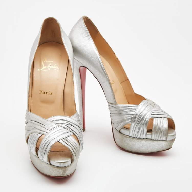 Pre Owned Christian Louboutin Silver Pleated Leather Criss Cross Peep Toe Platform Pumps Size 41