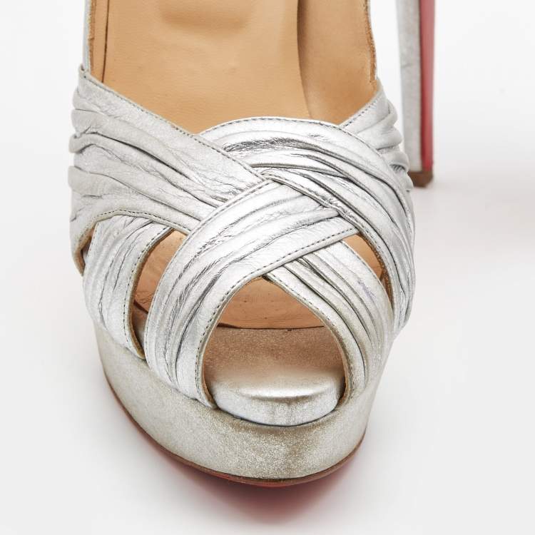 Pre Owned Christian Louboutin Silver Pleated Leather Criss Cross Peep Toe Platform Pumps Size 41