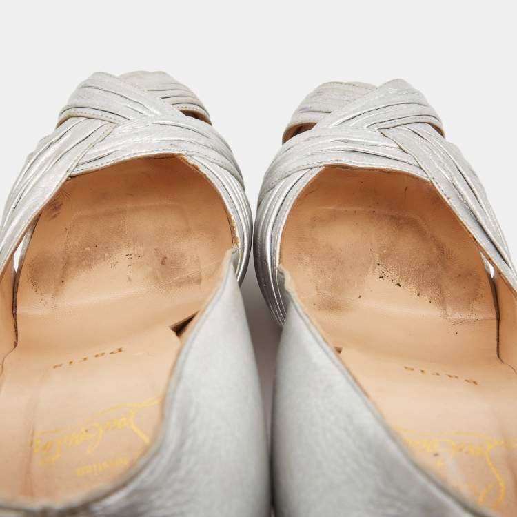 Pre Owned Christian Louboutin Silver Pleated Leather Criss Cross Peep Toe Platform Pumps Size 41