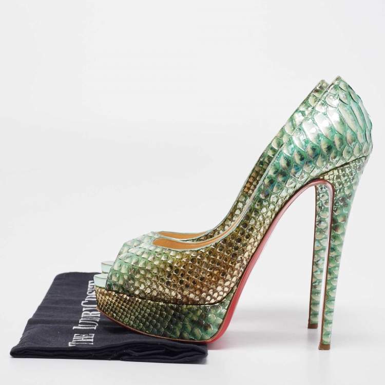 Pre Owned Christian Louboutin Metallic Green Python Lady Peep Pumps Size 40.5 