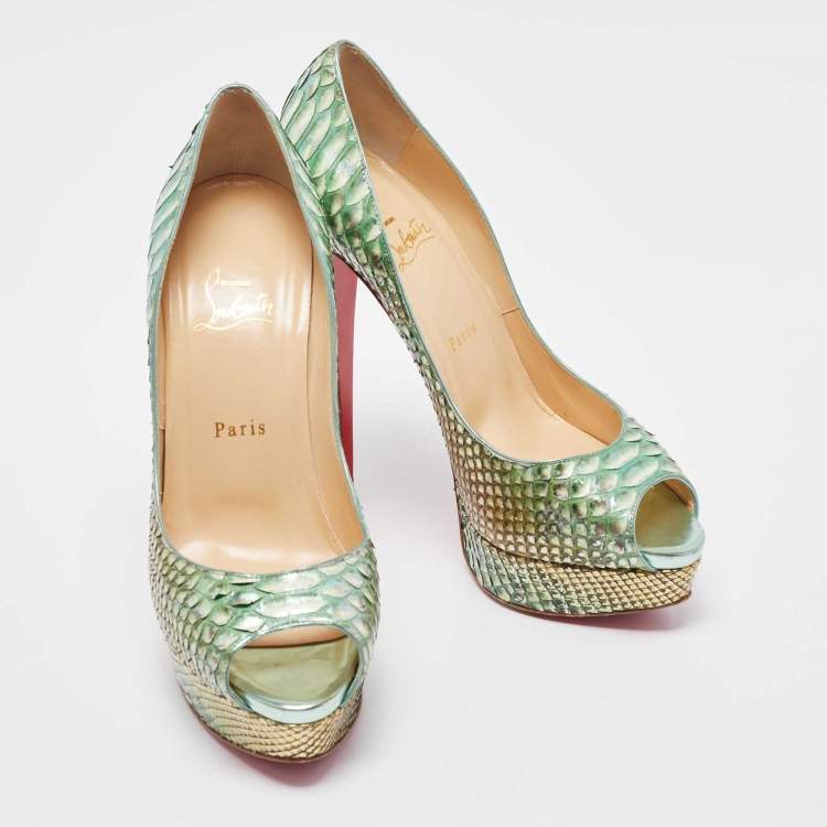 Pre Owned Christian Louboutin Metallic Green Python Lady Peep Pumps Size 40.5 