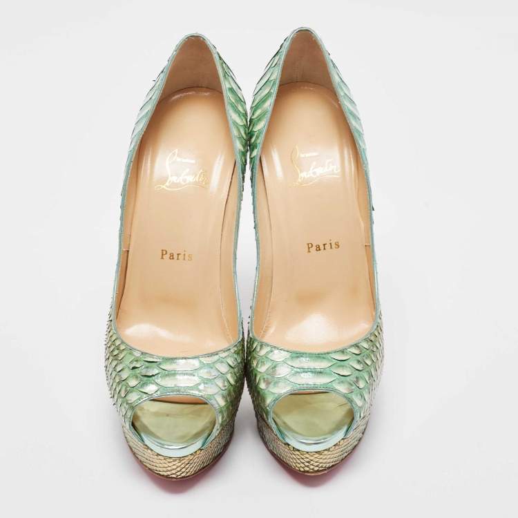 Pre Owned Christian Louboutin Metallic Green Python Lady Peep Pumps Size 40.5 