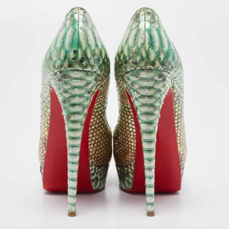 Pre Owned Christian Louboutin Metallic Green Python Lady Peep Pumps Size 40.5 