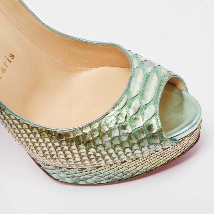 Pre Owned Christian Louboutin Metallic Green Python Lady Peep Pumps Size 40.5 