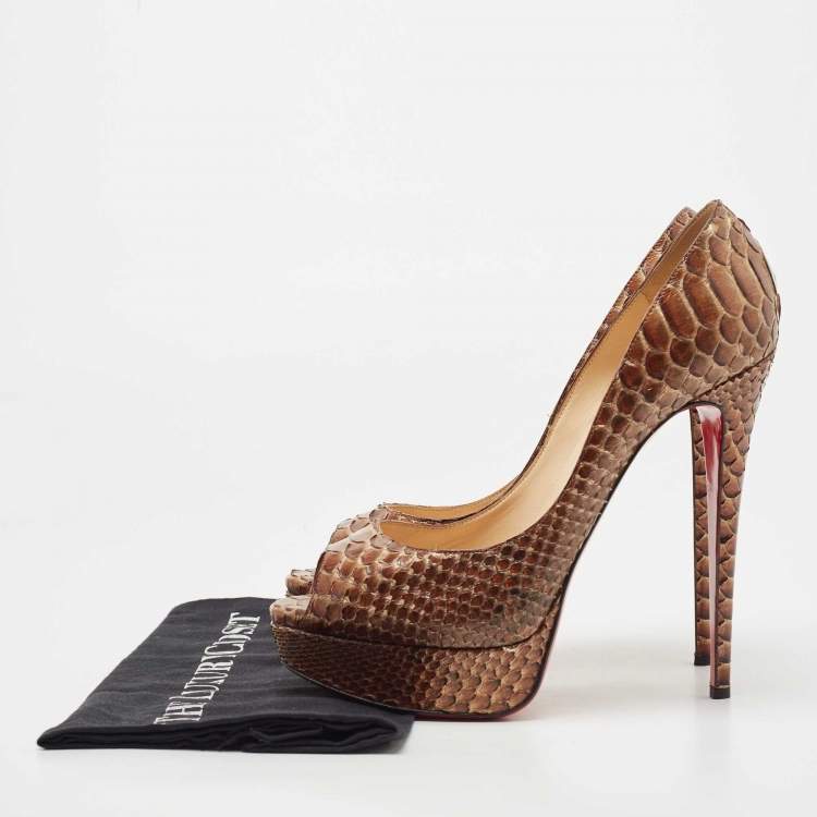 Pre Owned Christian Louboutin Brown Python Lady Peep Pumps Size 40.5