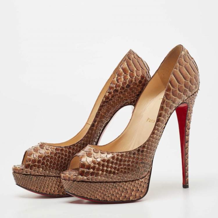 Pre Owned Christian Louboutin Brown Python Lady Peep Pumps Size 40.5