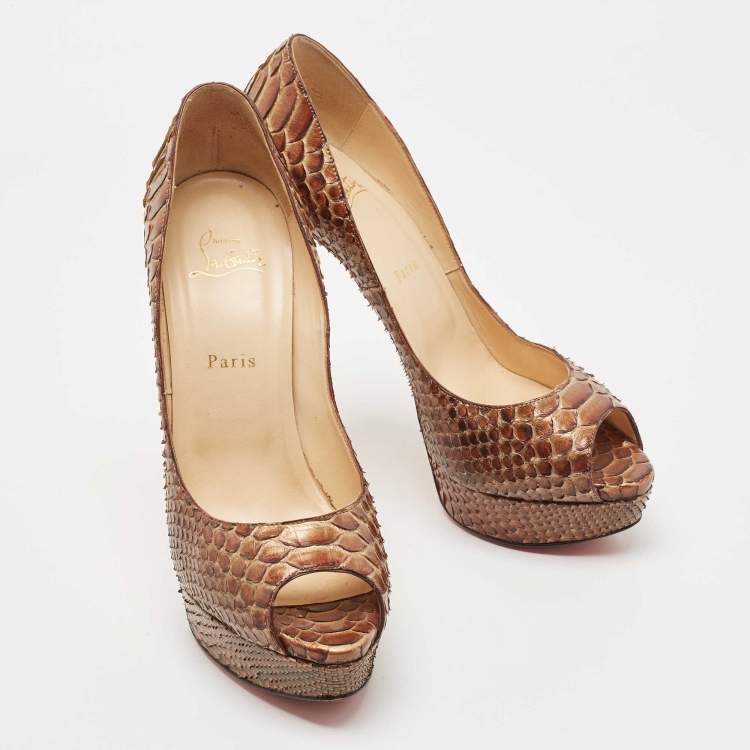 Pre Owned Christian Louboutin Brown Python Lady Peep Pumps Size 40.5
