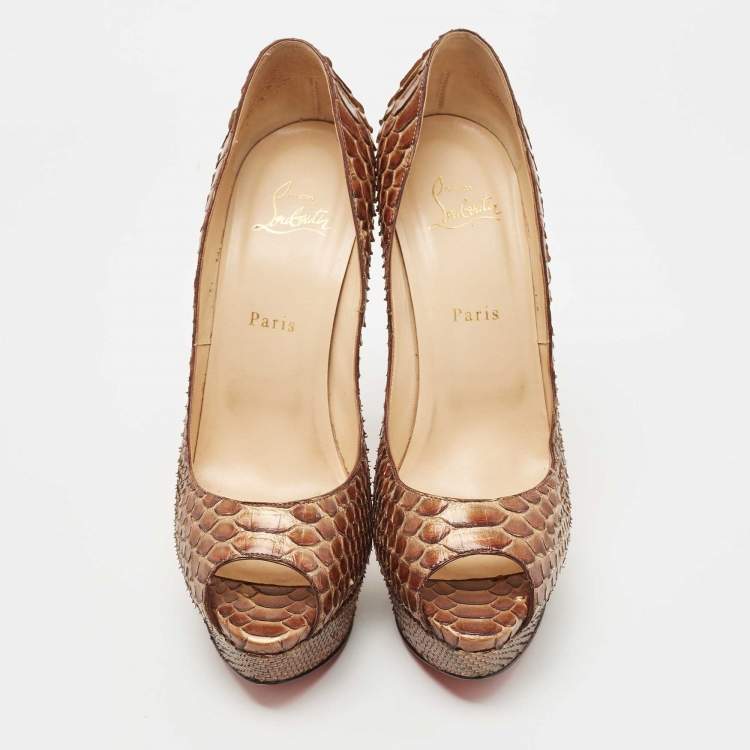 Pre Owned Christian Louboutin Brown Python Lady Peep Pumps Size 40.5