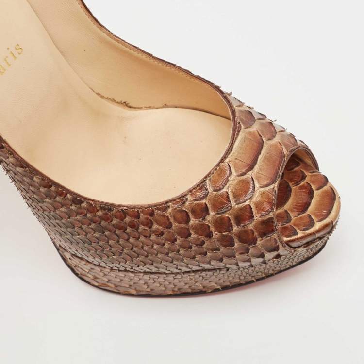 Pre Owned Christian Louboutin Brown Python Lady Peep Pumps Size 40.5