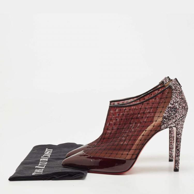 مملوكة مسبقًا Christian Louboutin Burgundy/Silver Glitter and Mesh  Filette Boots Size 41