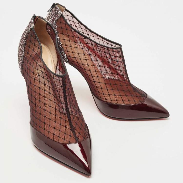 مملوكة مسبقًا Christian Louboutin Burgundy/Silver Glitter and Mesh  Filette Boots Size 41