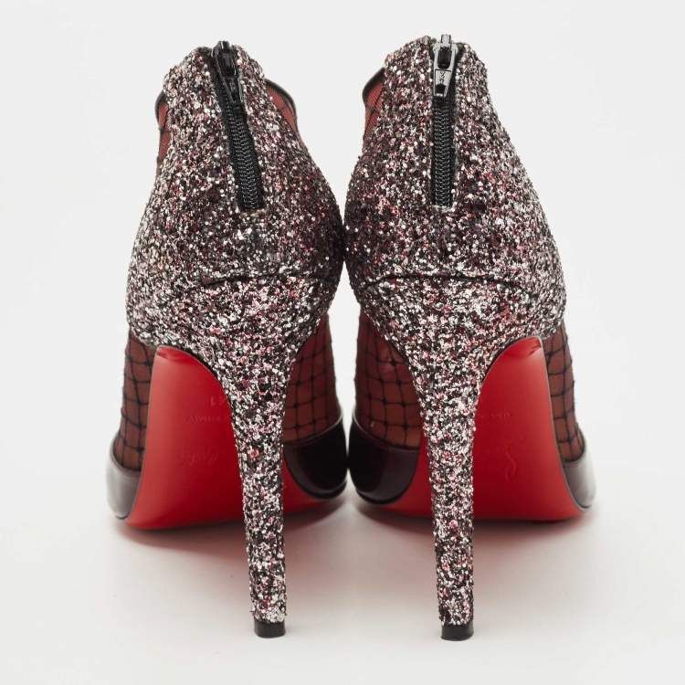 مملوكة مسبقًا Christian Louboutin Burgundy/Silver Glitter and Mesh  Filette Boots Size 41