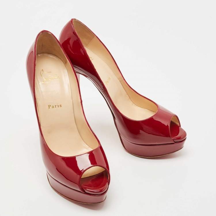 Pre Owned Christian Louboutin Burgundy Patent Leather Lady Peep Pumps Size 41