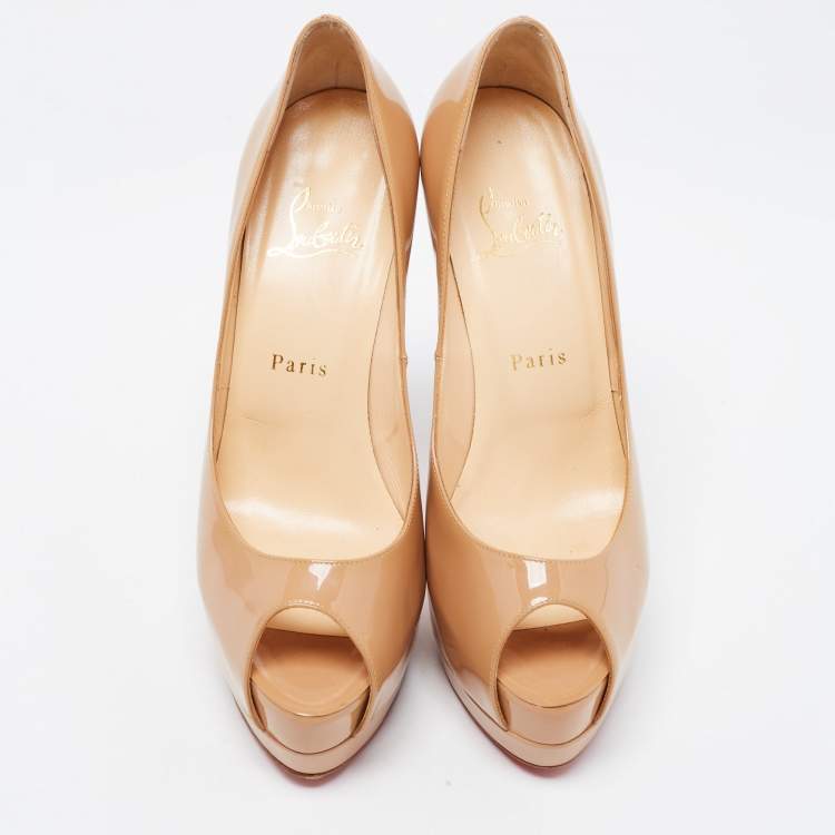 Pre Owned Christian Louboutin Beige Patent Very Prive Pumps Size 38