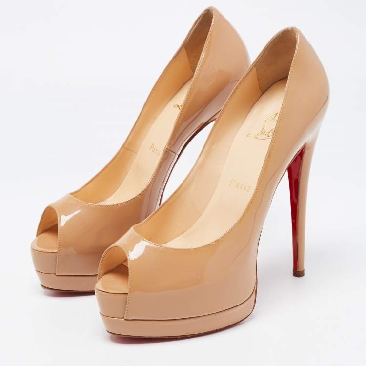 Pre Owned Christian Louboutin Beige Patent Very Prive Pumps Size 38