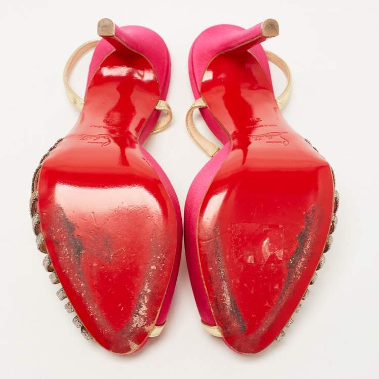 Pre Owned Christian Louboutin Pink/Gold Satin, Leather and Glitter Strappy Sandals Size 39
