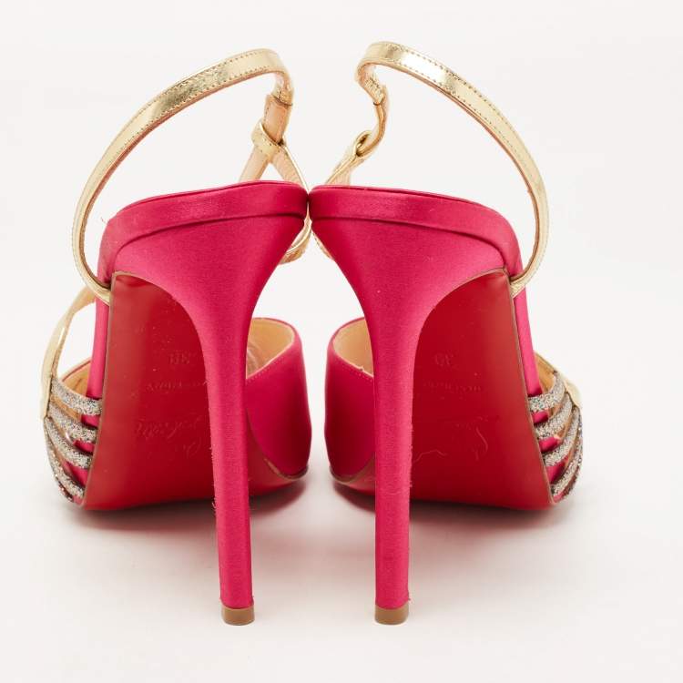 Pre Owned Christian Louboutin Pink/Gold Satin, Leather and Glitter Strappy Sandals Size 39