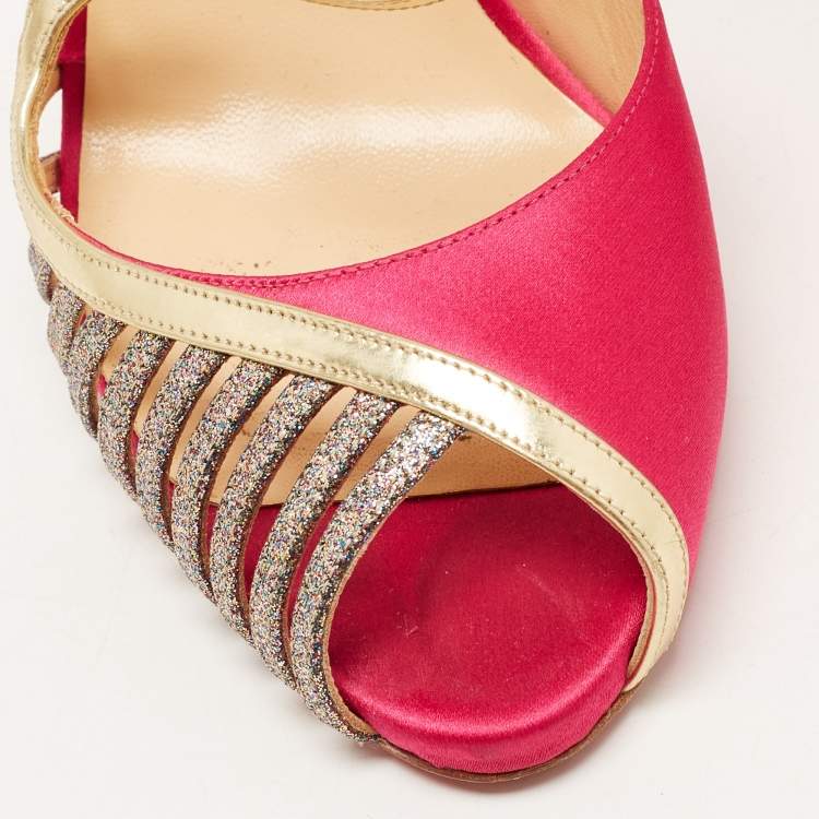 Pre Owned Christian Louboutin Pink/Gold Satin, Leather and Glitter Strappy Sandals Size 39